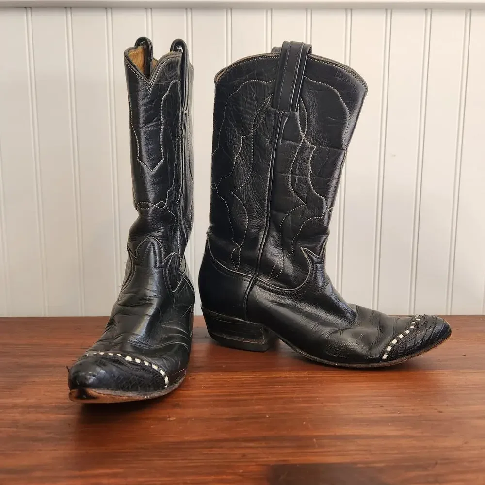 Tony Lama Women's Size 4 Cowboy Boots Vintage Style 7075 Black Leather Pre-owned